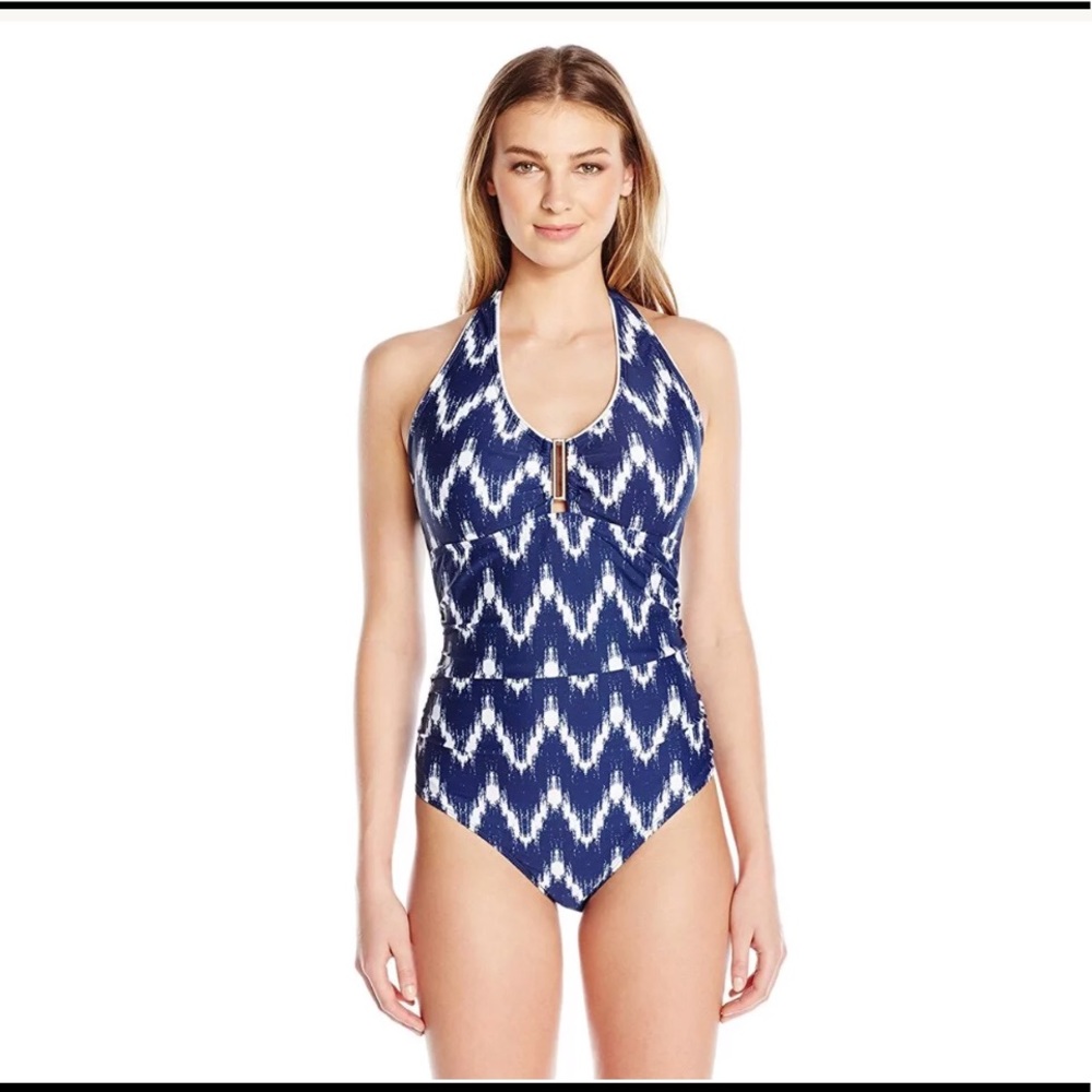 Jones New York indigo chevron one piece swimsuit